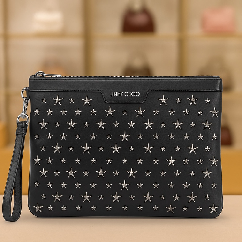 Jimmy Choo DEREK Star-Studded Leather Pouch Clutch – Black/Silver